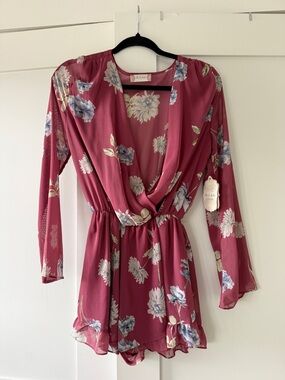 Altar’d State Floral Romper Dress Size S NWT Deep Rose Long Sleeve Feminine